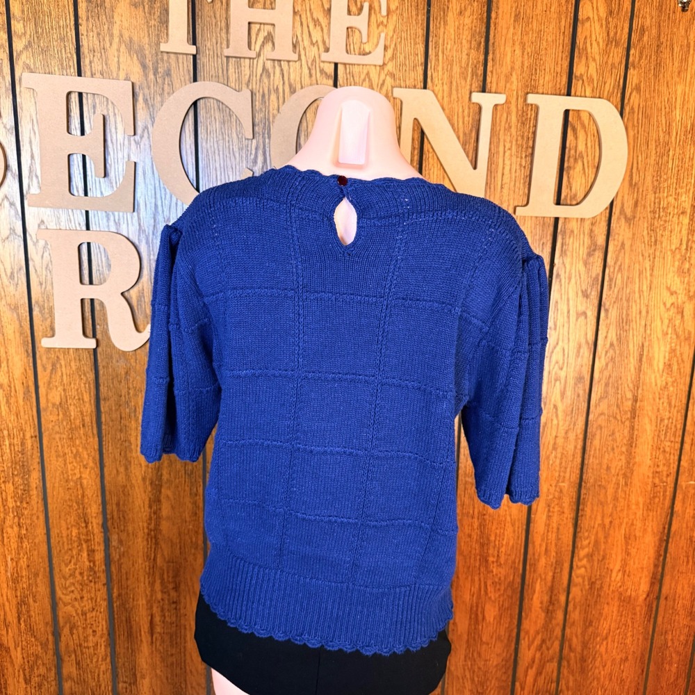 Herman Geist Sweater Women M Blue Hand Embroidered Floral Linen Cottagecore Top - Picture 4 of 5